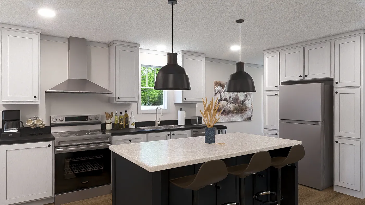 The JOHNNY B GOODE Kitchen. This Modular Home features 3 bedrooms and 2 baths.