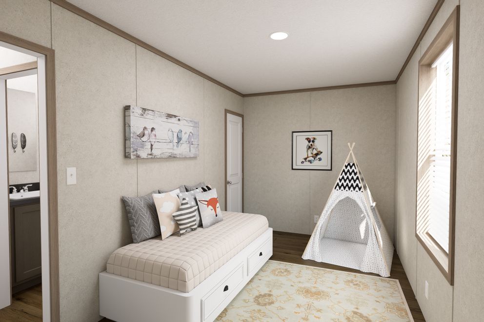 The 7016-CC01 CORNERSTONE 70 Guest Bedroom. This Manufactured Mobile Home features 3 bedrooms and 2 baths.