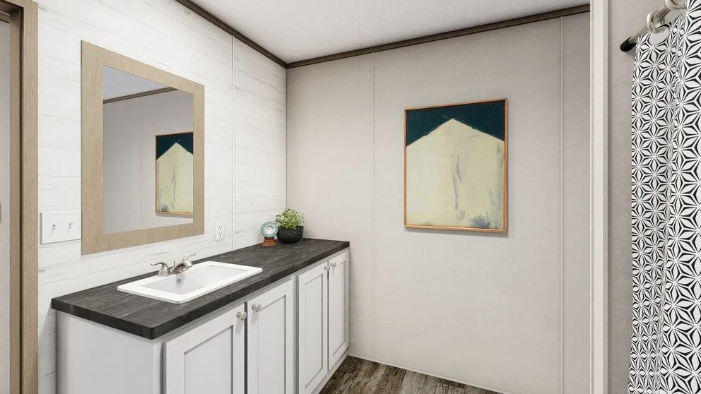 The THE SOUTHERN FARMHOUSE Guest Bathroom. This Manufactured Mobile Home features 3 bedrooms and 2 baths.