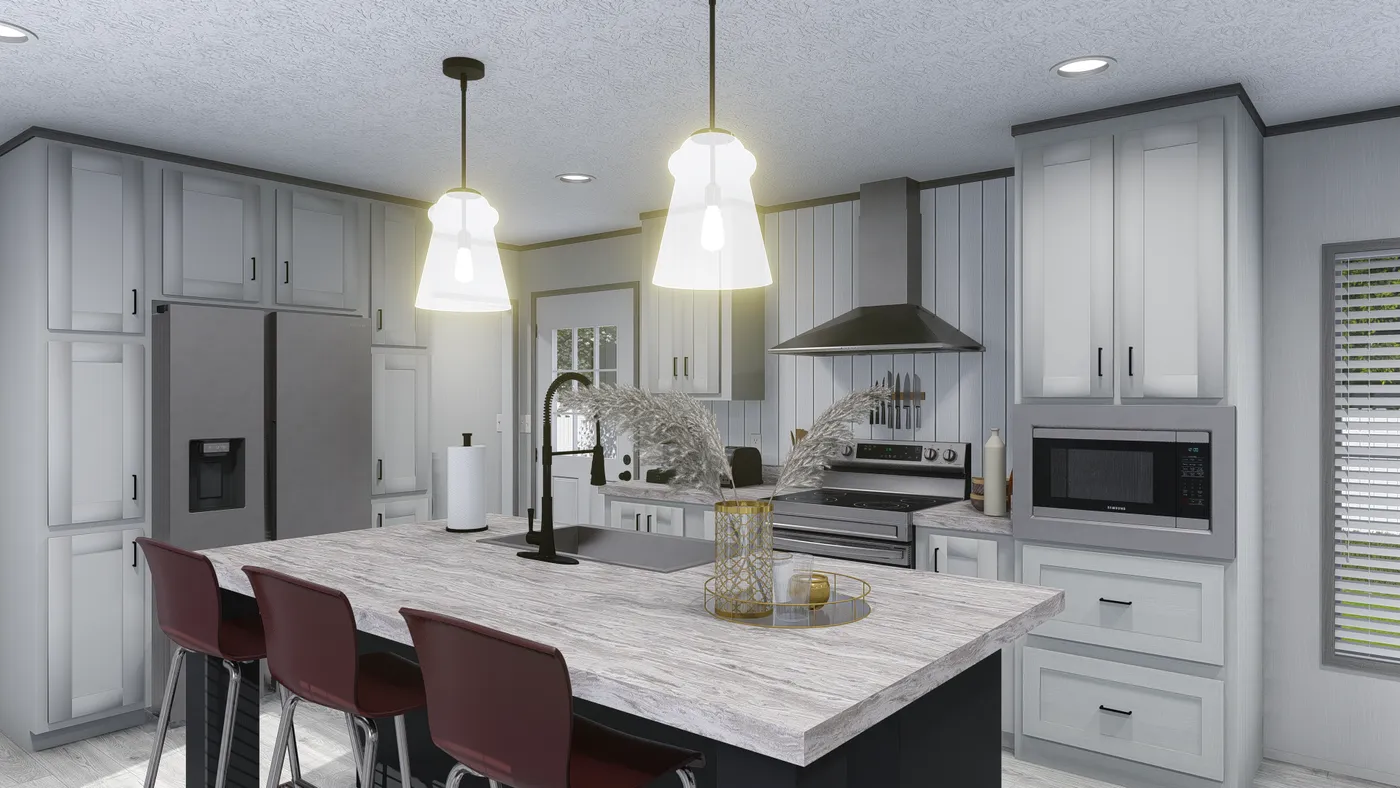 The REV 76 Kitchen. This Manufactured Mobile Home features 3 bedrooms and 2 baths.