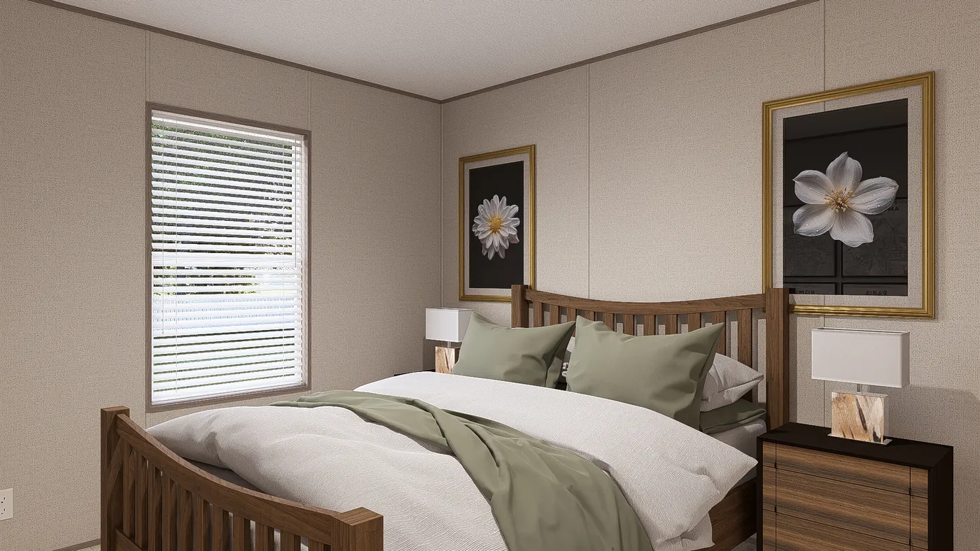 The BLAZER 48 A Primary Bedroom. This Manufactured Mobile Home features 2 bedrooms and 1 bath.