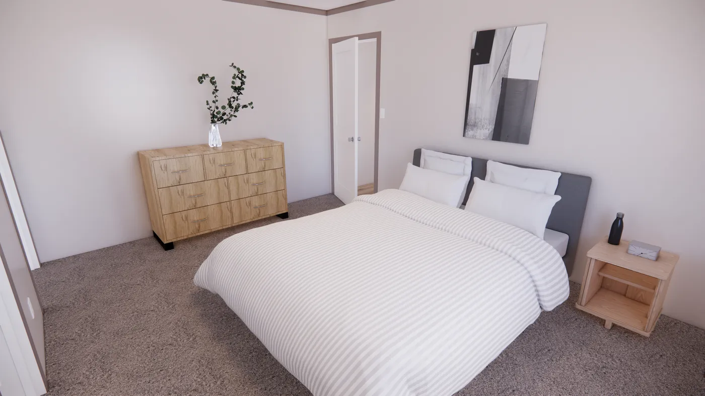 The 7216-4203 ADRENALINE Primary Bedroom. This Manufactured Mobile Home features 3 bedrooms and 2 baths.