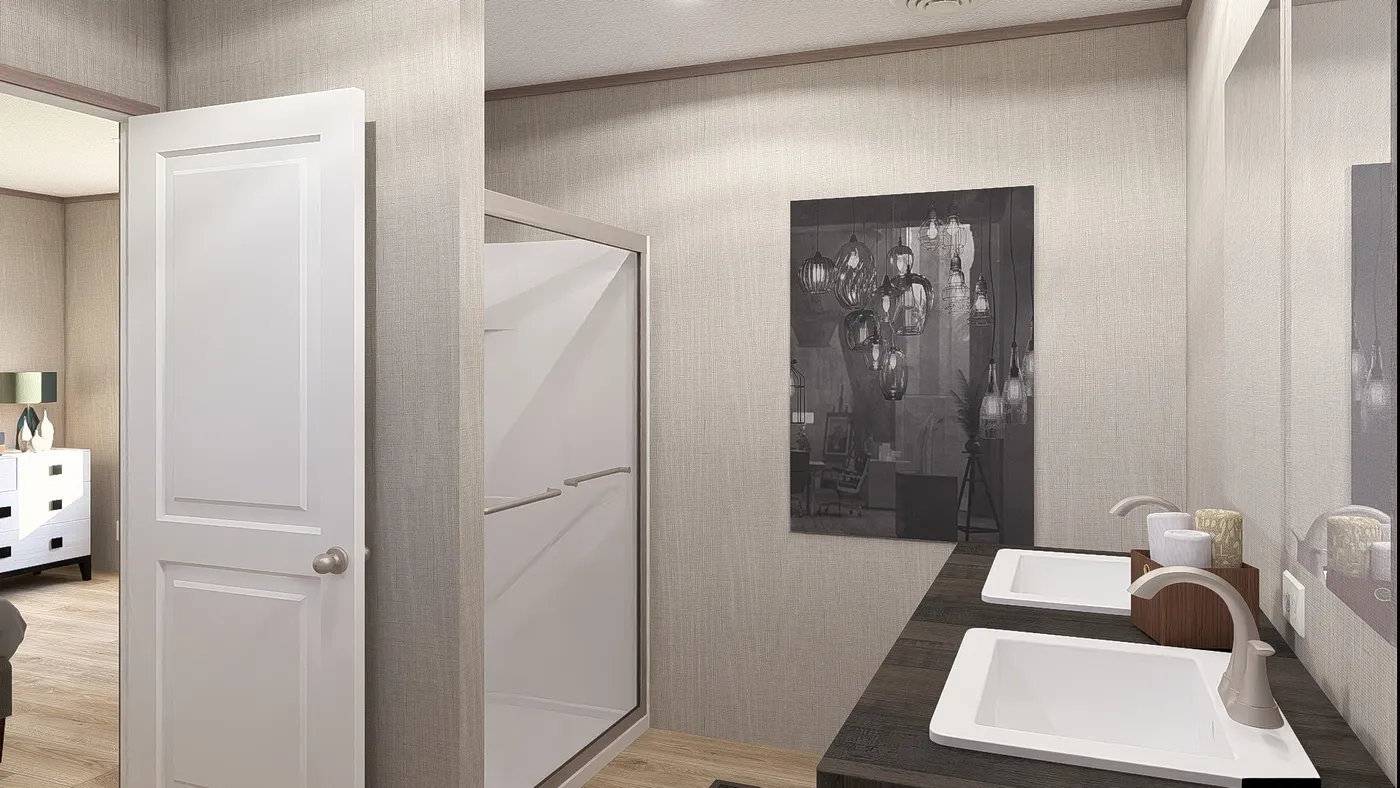 The ULTRA A-PLUS 16X76 Primary Bathroom. This Manufactured Mobile Home features 3 bedrooms and 2 baths.