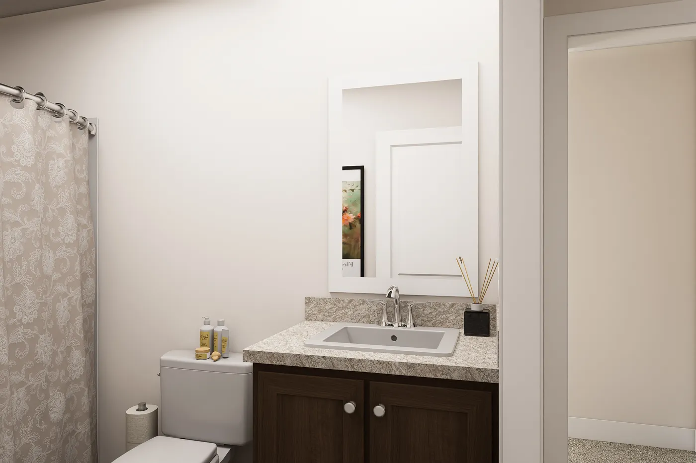 The 6028-MS067-3 HUNTINGTON Guest Bathroom. This Manufactured Mobile Home features 4 bedrooms and 2 baths.