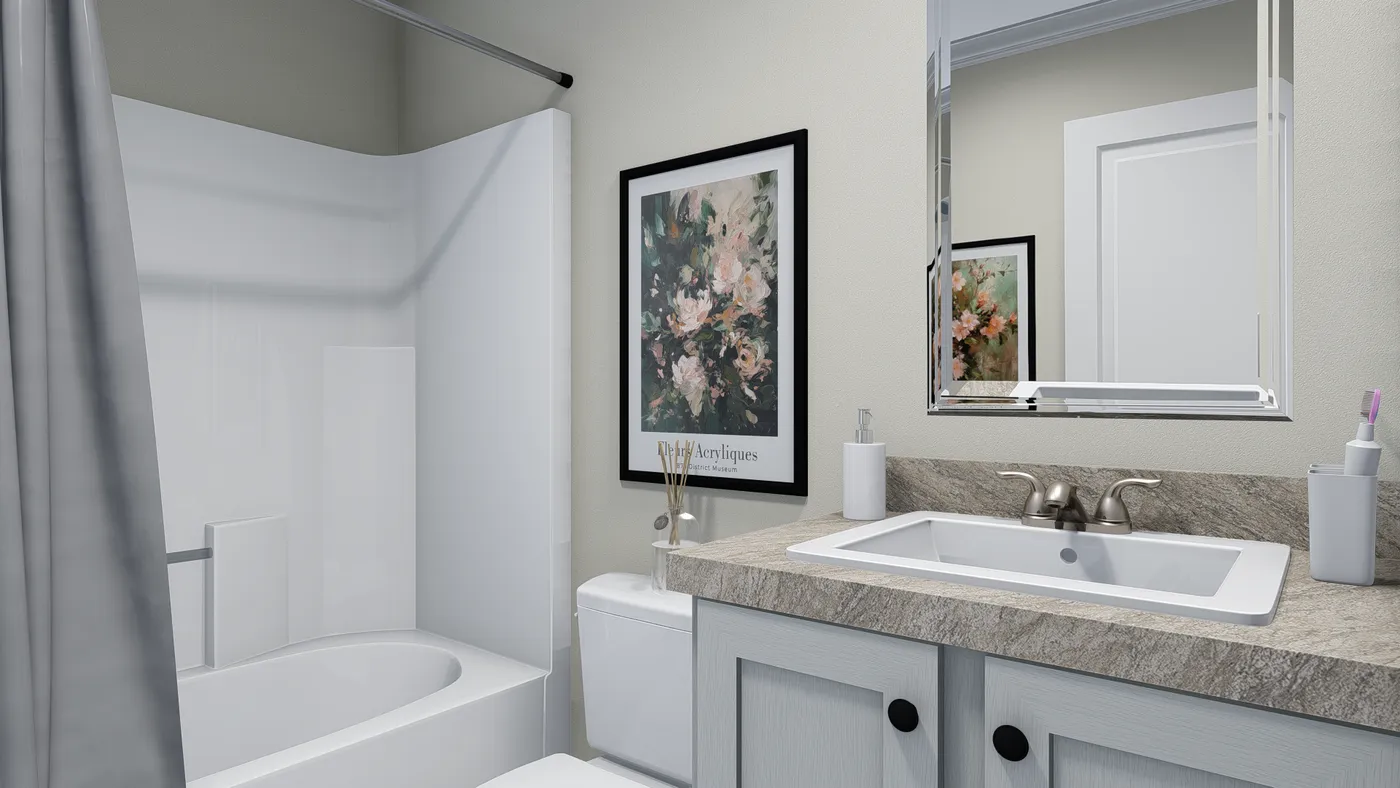 The 5404 "FONTANA" 7616 Guest Bathroom. This Manufactured Mobile Home features 3 bedrooms and 2 baths.