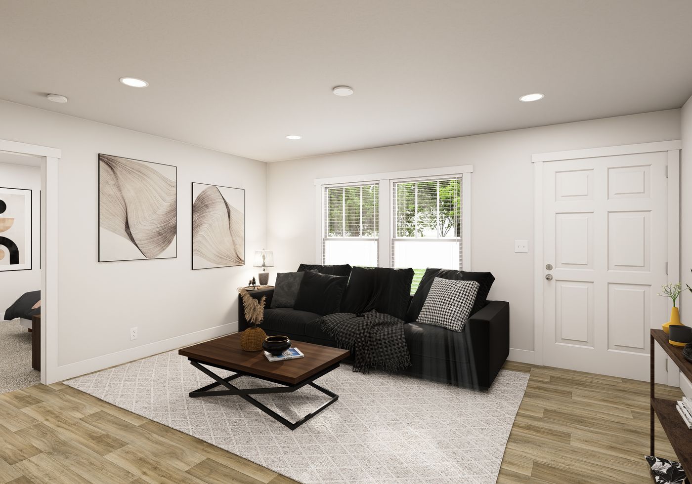 The RIGHT CHOICE 109 Living Room. This Manufactured Mobile Home features 4 bedrooms and 2 baths.