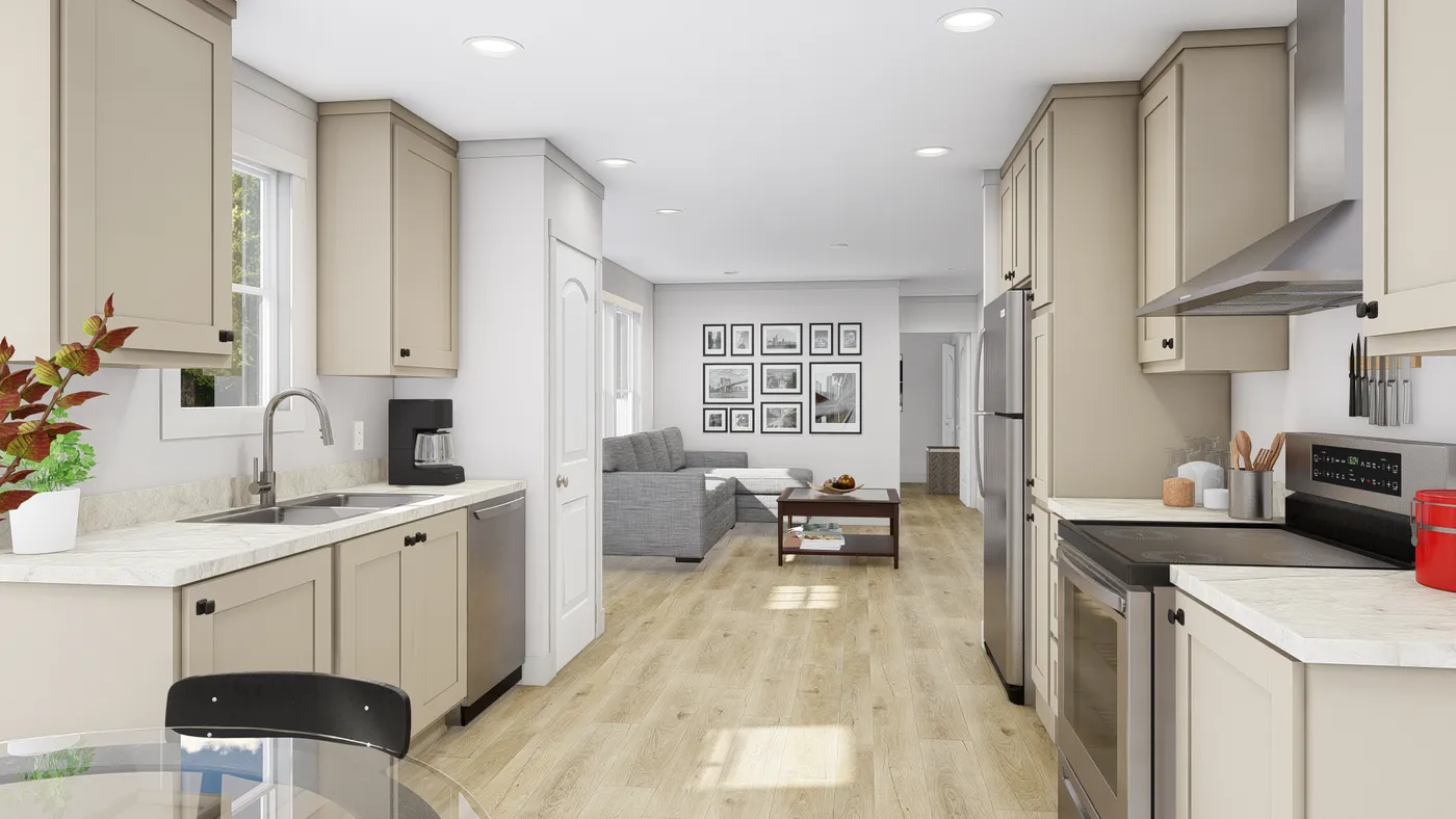The HERE COMES THE SUN 4824 TEMPO Kitchen. This Manufactured Mobile Home features 3 bedrooms and 2 baths.