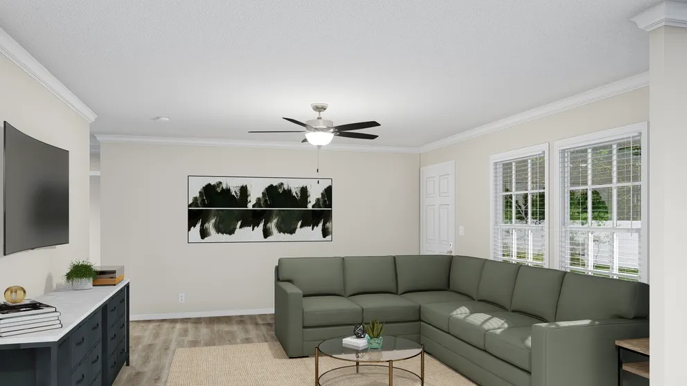 The PALMETTO 6101 Living Room. This Manufactured Mobile Home features 4 bedrooms and 2.5 baths.