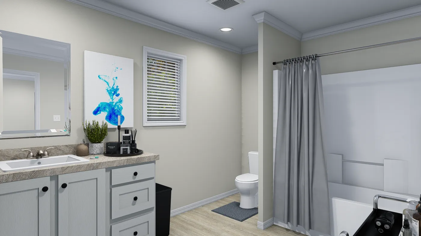 The 5404 "FONTANA" 7616 Primary Bathroom. This Manufactured Mobile Home features 3 bedrooms and 2 baths.
