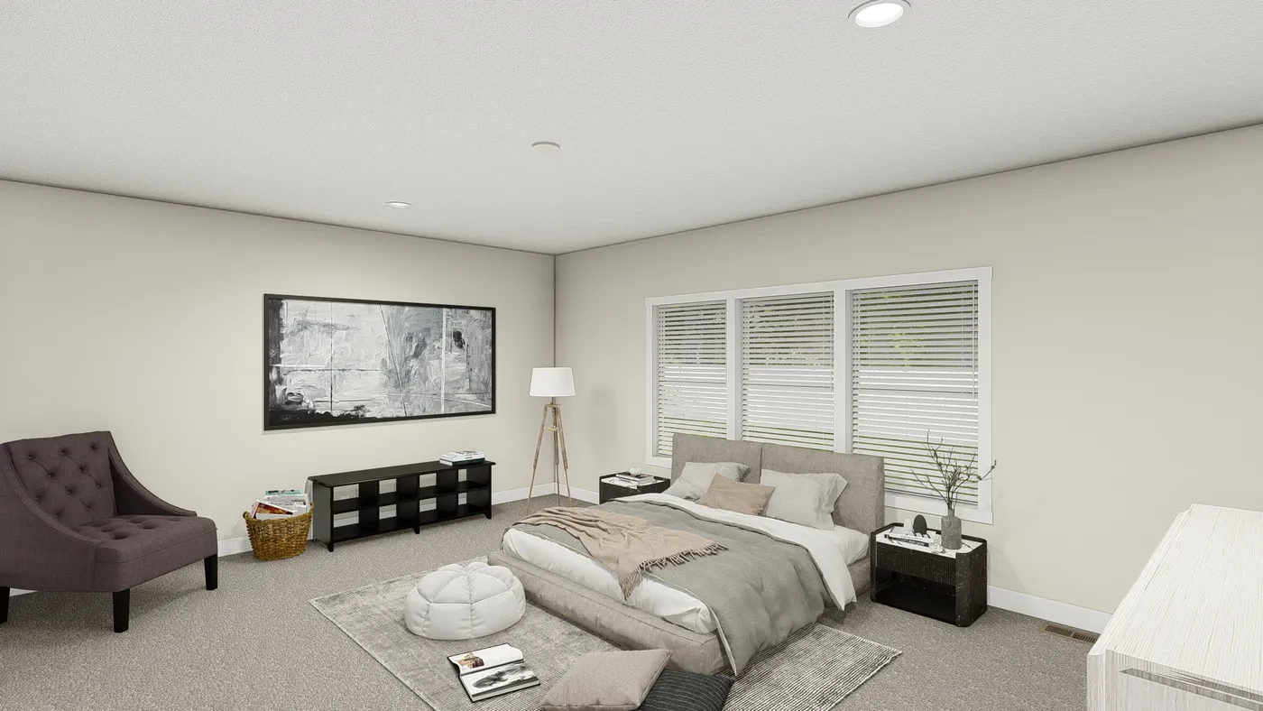 The HIP-4266-4B            SUBLIME Primary Bedroom. This Manufactured Mobile Home features 4 bedrooms and 2.5 baths.