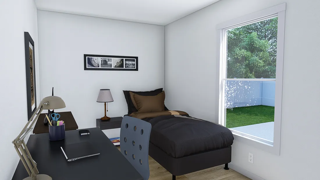 The RHYTHM NATION 6616 TEMPO Bedroom. This Manufactured Mobile Home features 3 bedrooms and 2 baths.