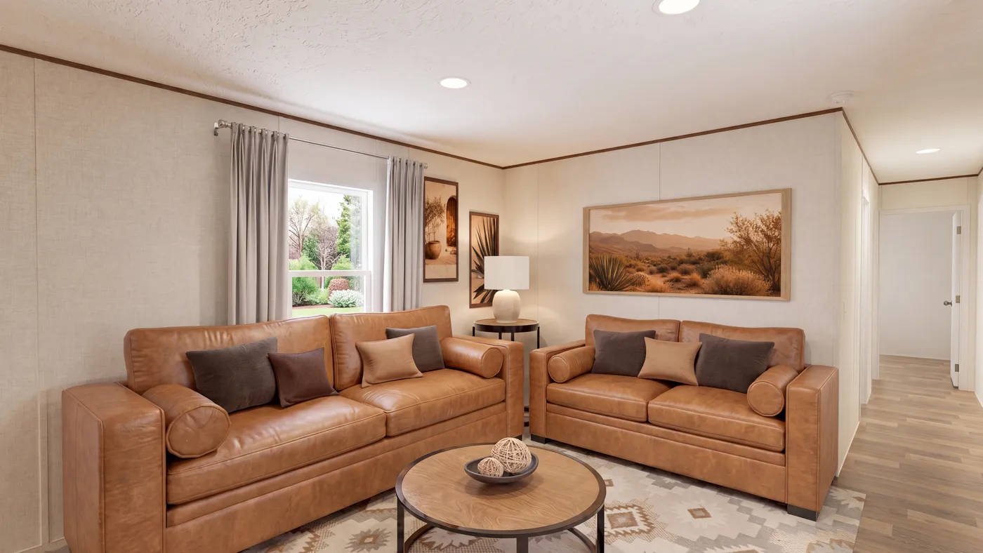 The HICKORY Living Room. This Manufactured Mobile Home features 3 bedrooms and 2 baths.