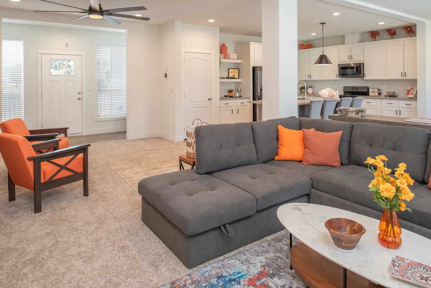 The HCP 4260-4A            LORETTA Living Room. This Manufactured Mobile Home features 4 bedrooms and 3 baths.