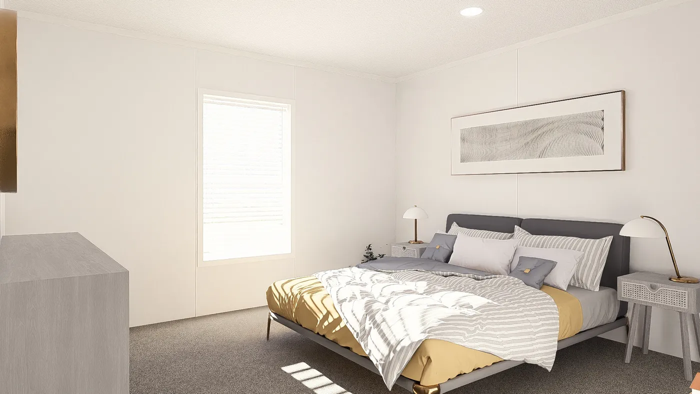 The AMETHYST Primary Bedroom. This Manufactured Mobile Home features 3 bedrooms and 2 baths.