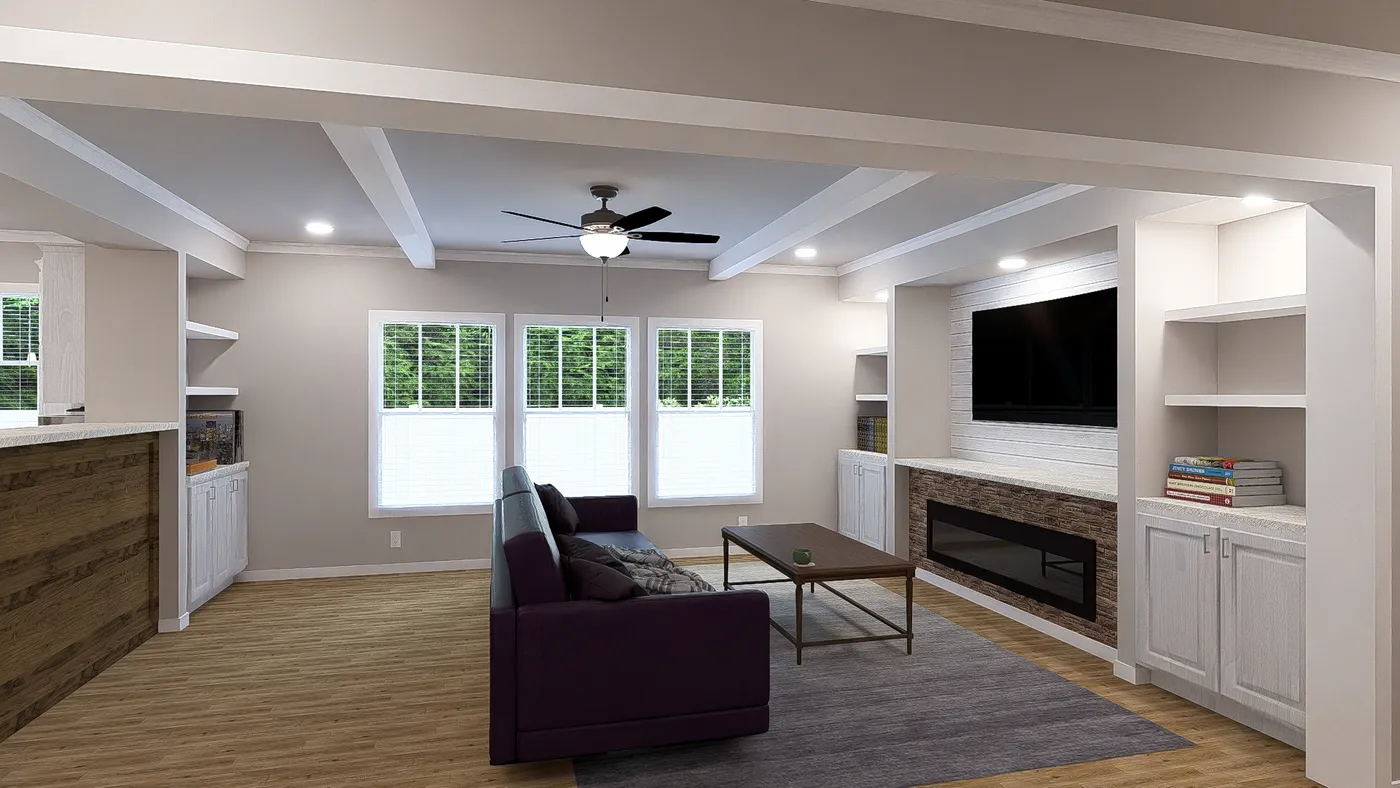 The THE HEXAGON Living Room. This Manufactured Mobile Home features 4 bedrooms and 3 baths.