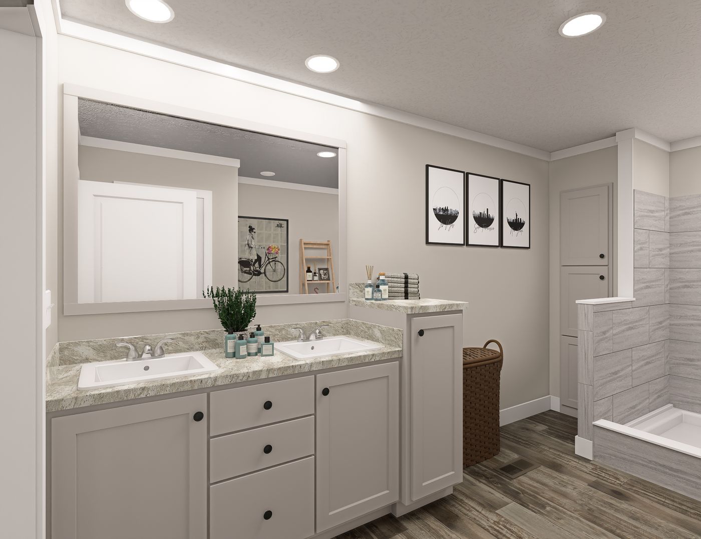 The BROOKLINE FLEX 32 WIDE Primary Bathroom. This Manufactured Mobile Home features 4 bedrooms and 3 baths.