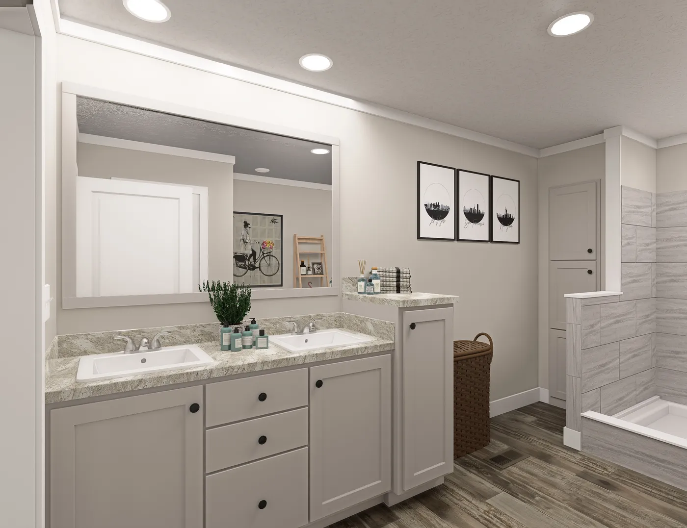 The BROOKLINE FLEX 32 WIDE Primary Bathroom. This Manufactured Mobile Home features 4 bedrooms and 3 baths.