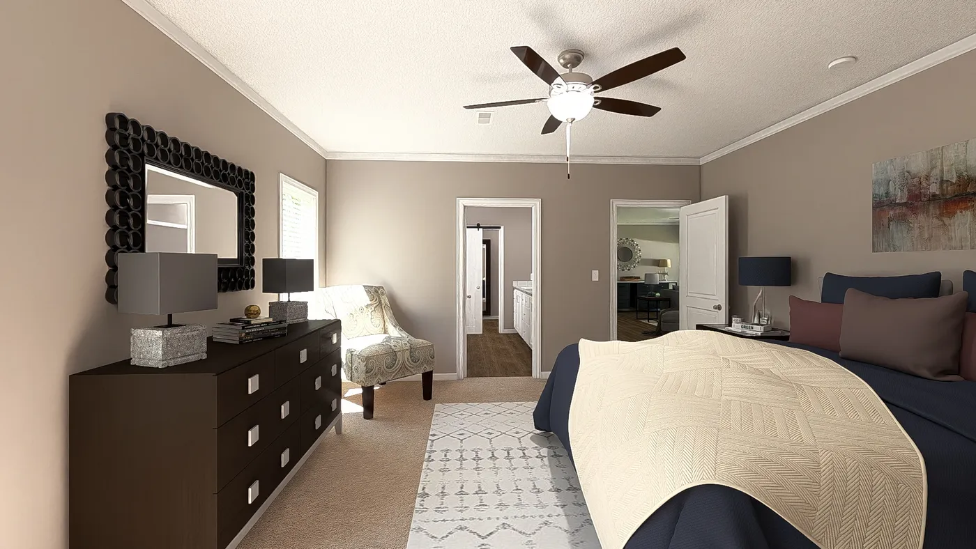 The THE ABIGAIL II Primary Bedroom. This Manufactured Mobile Home features 3 bedrooms and 2 baths.