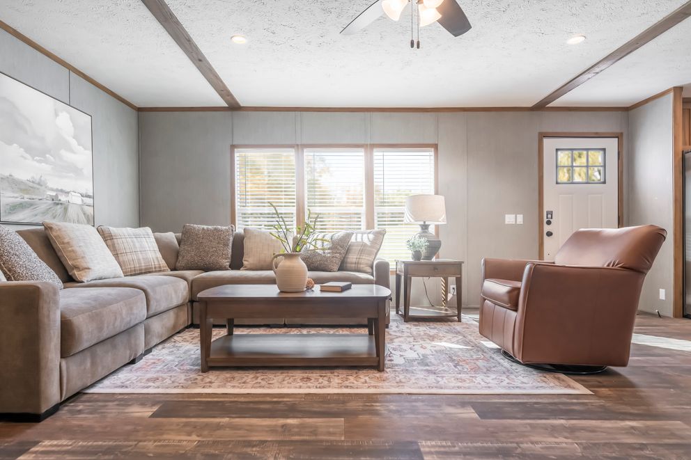 The BLACK DIAMOND Living Room. This Manufactured Mobile Home features 3 bedrooms and 2 baths.
