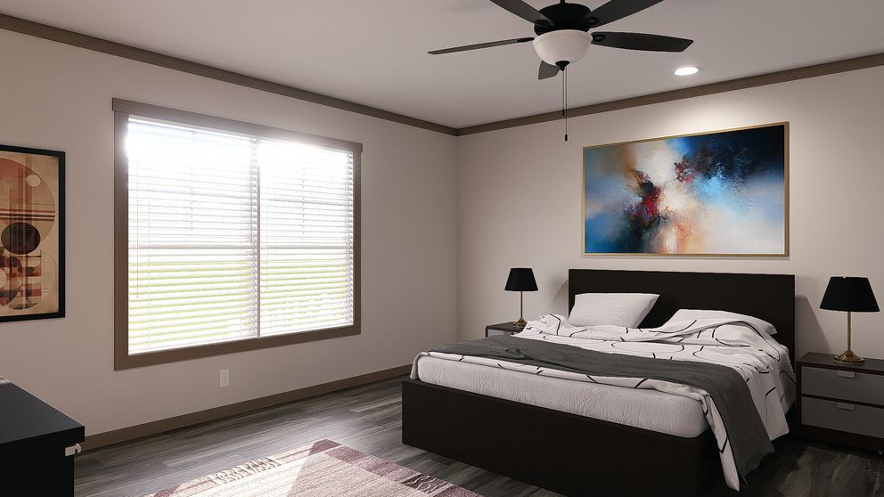 The FARM 3 FLEX ELITE Primary Bedroom. This Manufactured Mobile Home features 3 bedrooms and 2 baths.