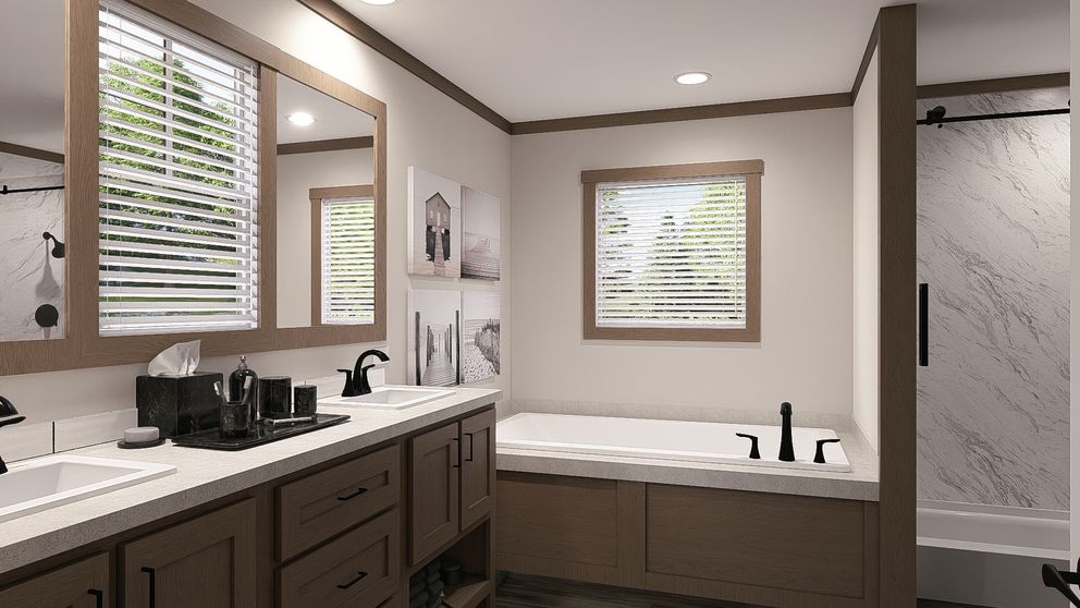 The FARM 3 FLEX Primary Bathroom. This Manufactured Mobile Home features 3 bedrooms and 2 baths.