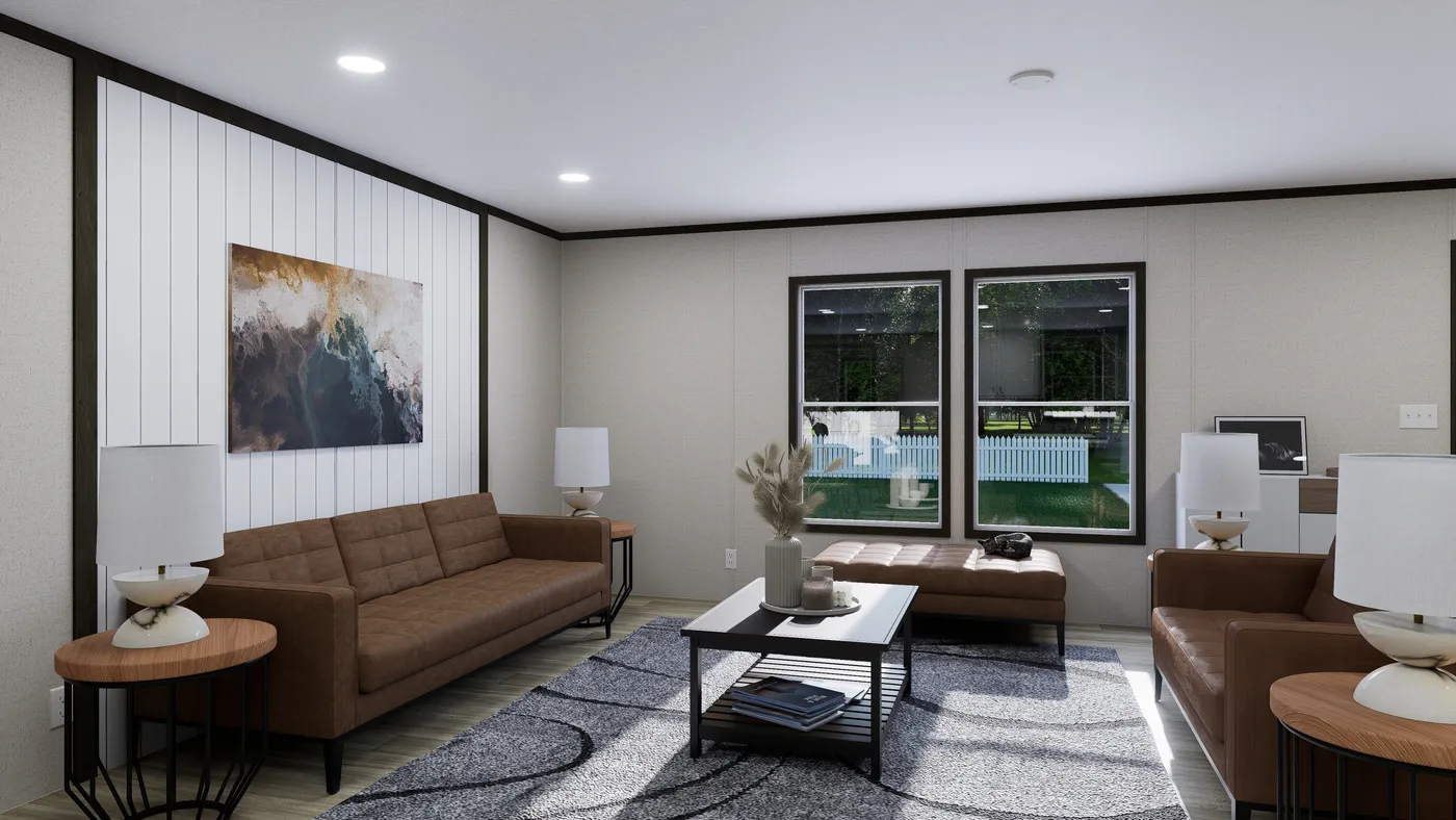 The VENTURE Living Room. This Manufactured Mobile Home features 4 bedrooms and 2 baths.