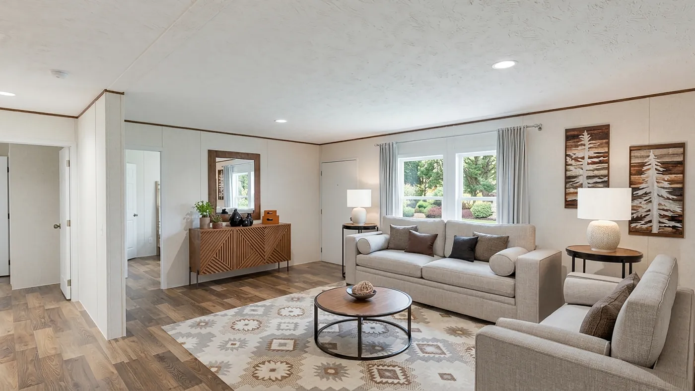 The MAPLE Living Room. This Manufactured Mobile Home features 3 bedrooms and 2 baths.