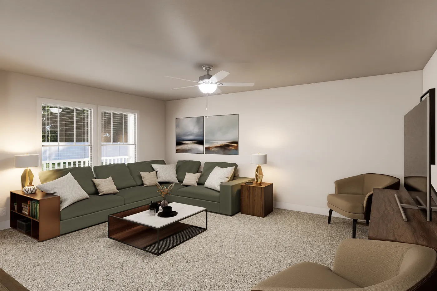 The 5628-MS068 CARMEL Living Room. This Manufactured Mobile Home features 3 bedrooms and 2 baths.