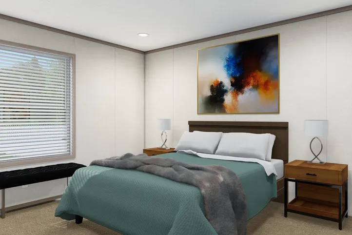 The 4828-E746 THE PULSE Primary Bedroom. This Manufactured Mobile Home features 3 bedrooms and 2 baths.