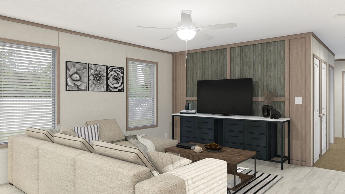 The 7616-4710 THE PULSE Living Room. This Manufactured Mobile Home features 3 bedrooms and 2 baths.