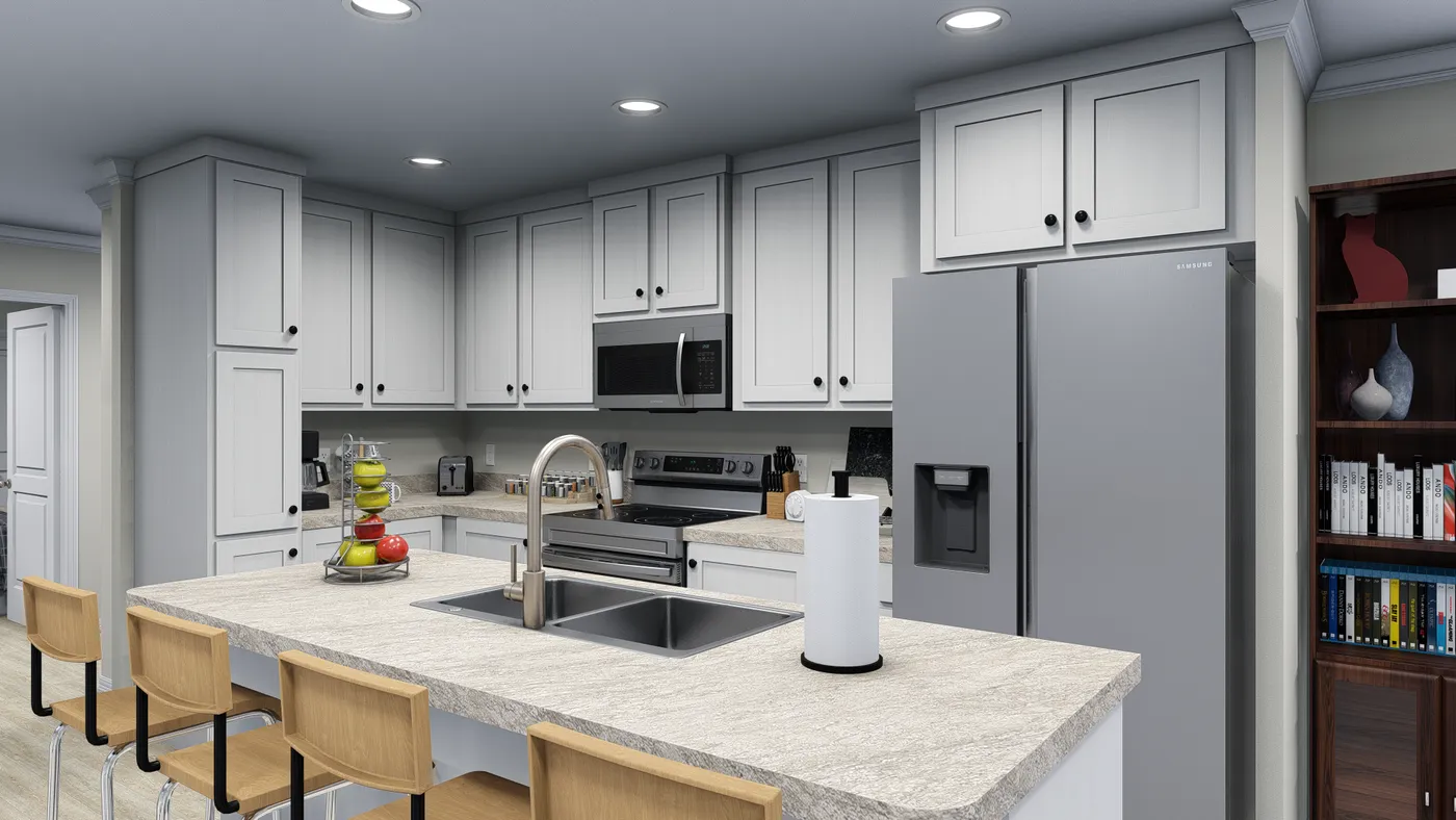 The 7010 "YADKIN" 7616 Kitchen. This Manufactured Mobile Home features 3 bedrooms and 2 baths.