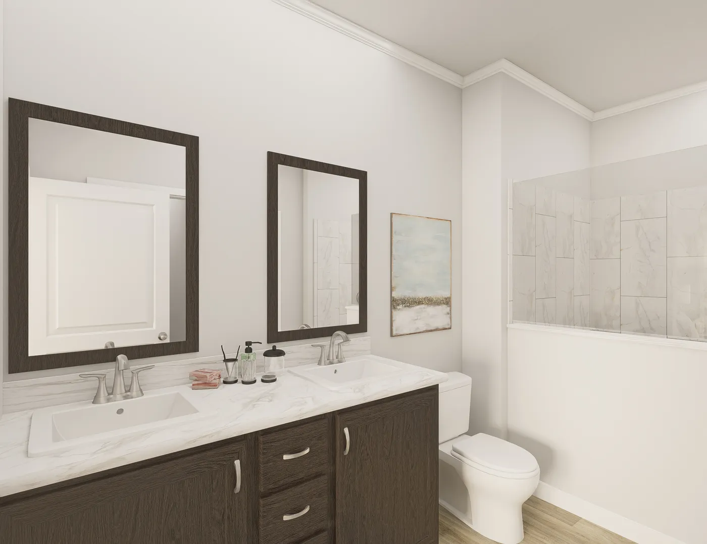 The THE ELITE 52 Primary Bathroom. This Manufactured Mobile Home features 3 bedrooms and 2 baths.