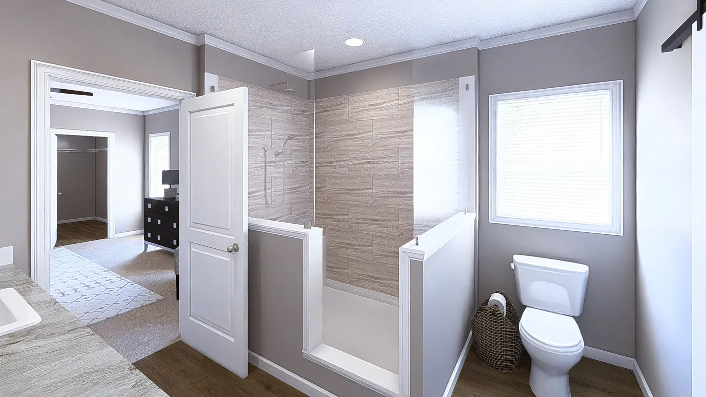 The THE ABIGAIL II Primary Bathroom. This Manufactured Mobile Home features 3 bedrooms and 2 baths.