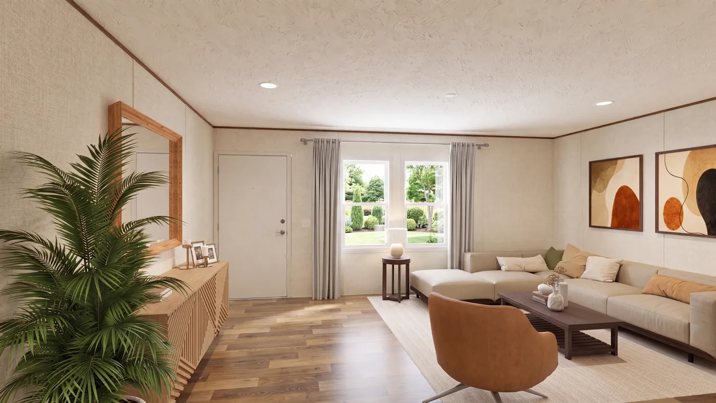 The OAK Living Room. This Manufactured Mobile Home features 4 bedrooms and 2 baths.
