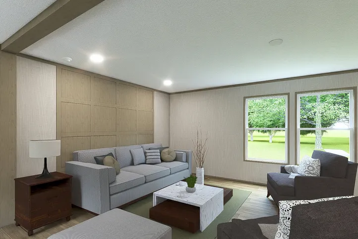 The RIO Living Room. This Manufactured Mobile Home features 3 bedrooms and 2 baths.