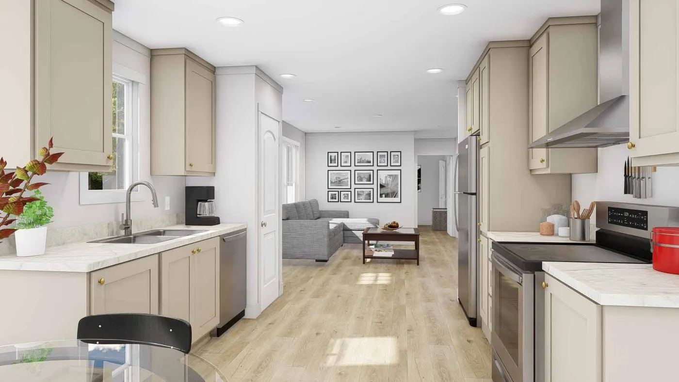The HERE COMES THE SUN Kitchen. This Manufactured Mobile Home features 3 bedrooms and 2 baths.
