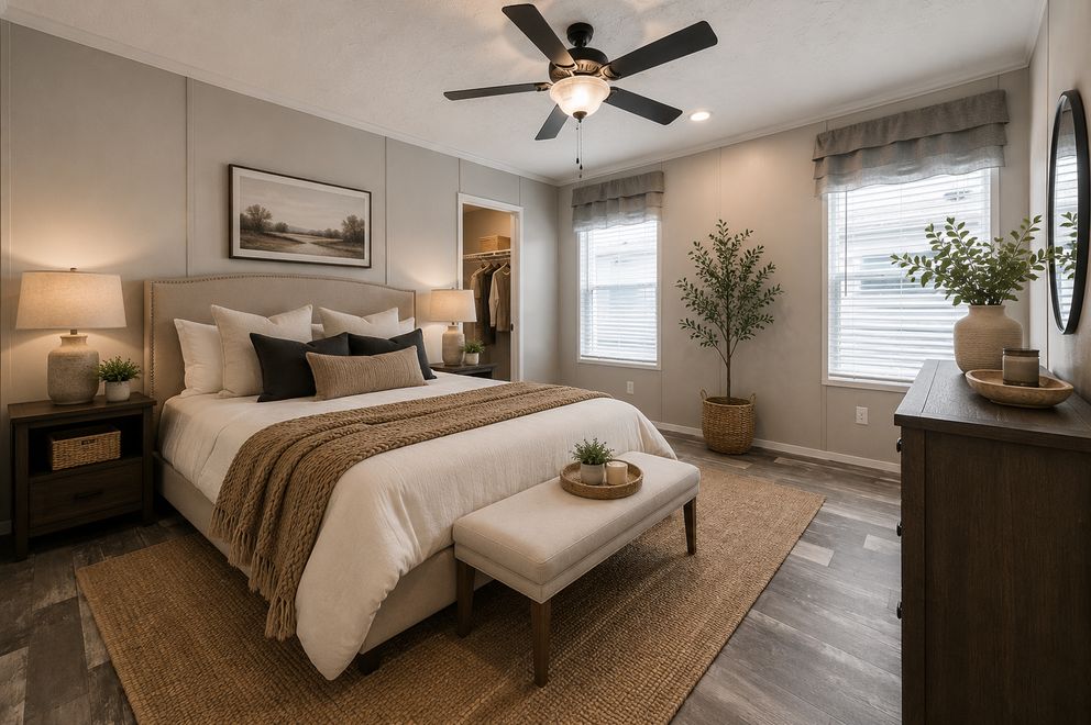 The NORTHSHORE Primary Bedroom. This Manufactured Mobile Home features 3 bedrooms and 2 baths.