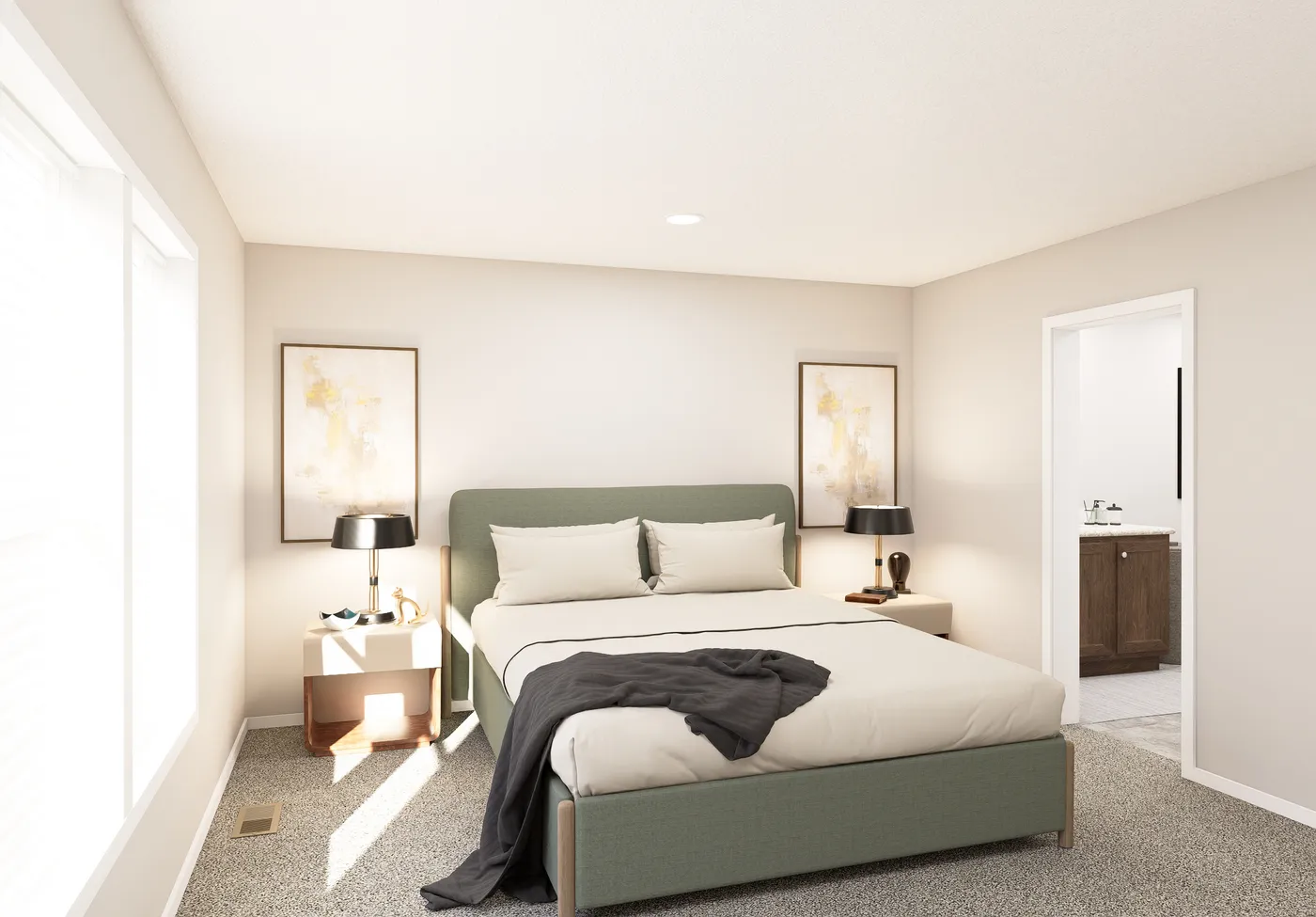 The SLE 681F Primary Bedroom. This Manufactured Mobile Home features 4 bedrooms and 2 baths.