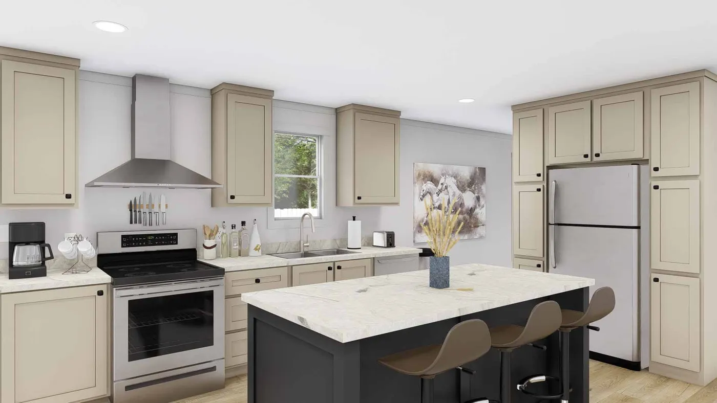 The 2008 "JOHNNY B GOODE" 5228 Kitchen. This Manufactured Mobile Home features 3 bedrooms and 2 baths.