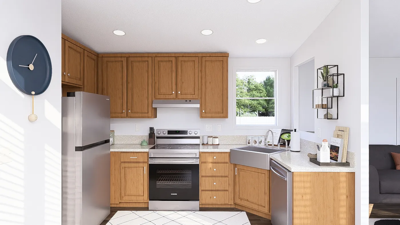 The DRM601M 60'              DREAM Kitchen. This Manufactured Mobile Home features 1 bedroom and 2 baths.