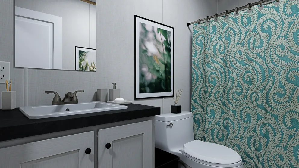 The SOLACE Guest Bathroom. This Manufactured Mobile Home features 4 bedrooms and 2 baths.