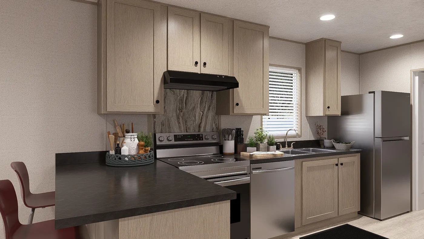 The BLAZER 66 B Kitchen. This Manufactured Mobile Home features 3 bedrooms and 2 baths.
