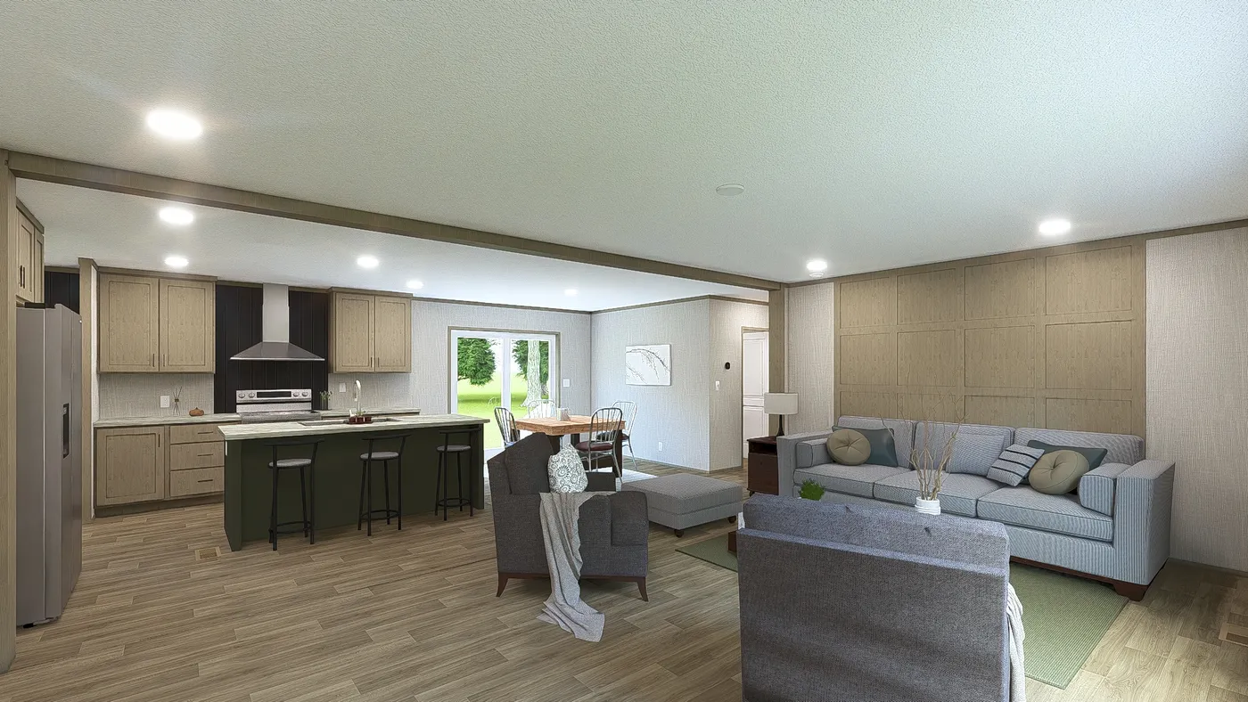 The RIO Living Room. This Manufactured Mobile Home features 3 bedrooms and 2 baths.