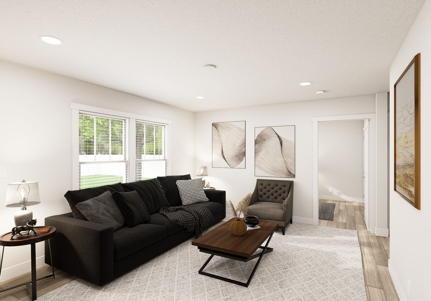 The RIGHT CHOICE 108 Living Room. This Manufactured Mobile Home features 3 bedrooms and 2 baths.