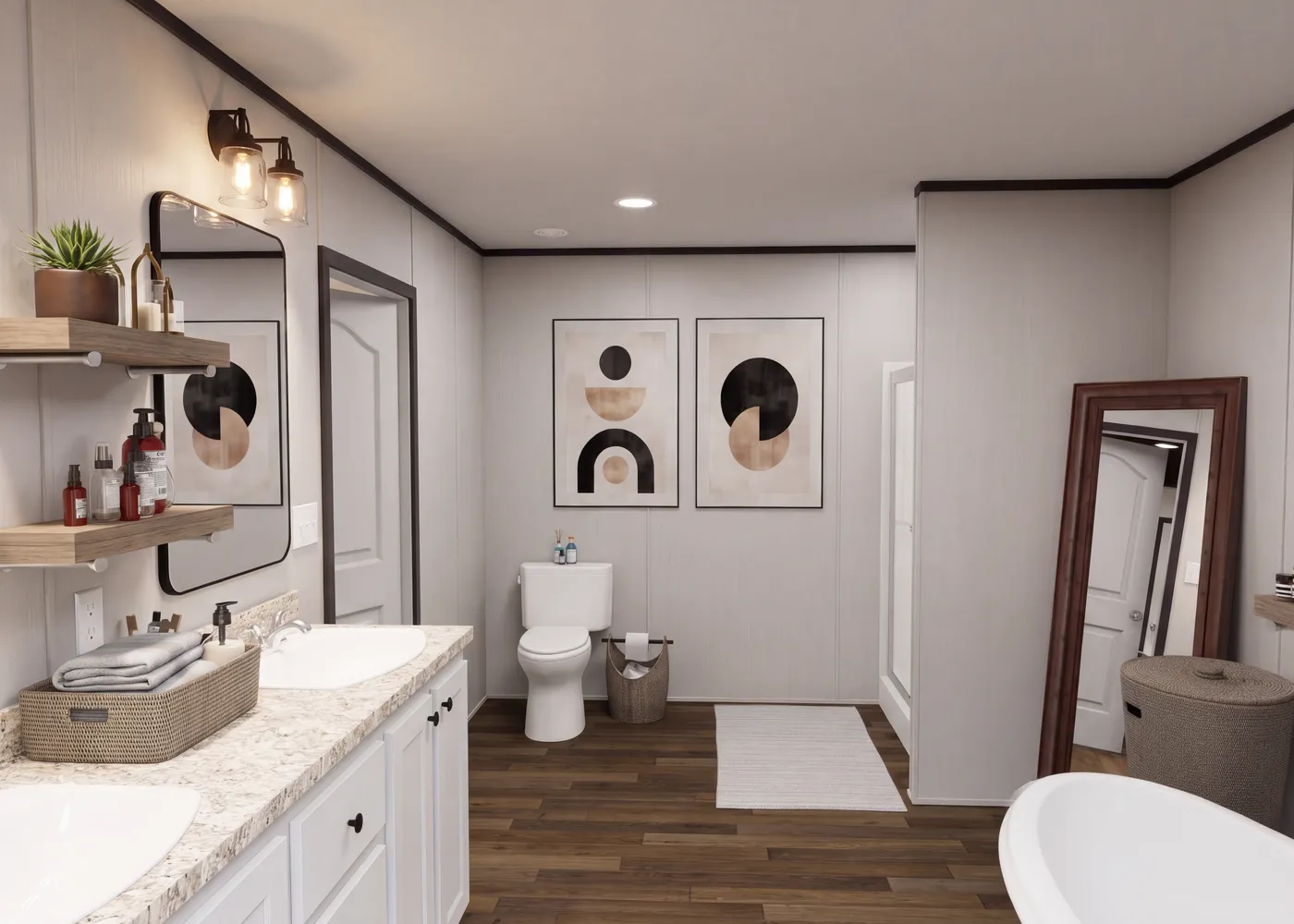 The THE FUSION 32H Primary Bathroom. This Manufactured Mobile Home features 5 bedrooms and 3 baths.