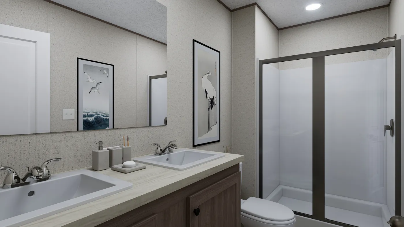 The FOOTHILLS 56 Primary Bathroom. This Manufactured Mobile Home features 2 bedrooms and 2 baths.