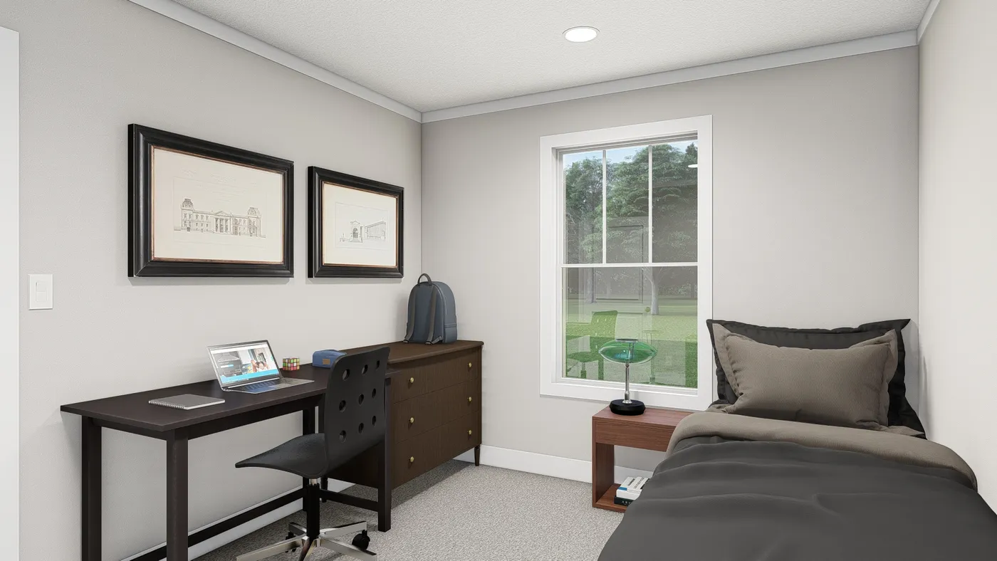The HERE COMES THE SUN Guest Bedroom. This Manufactured Mobile Home features 3 bedrooms and 2 baths.