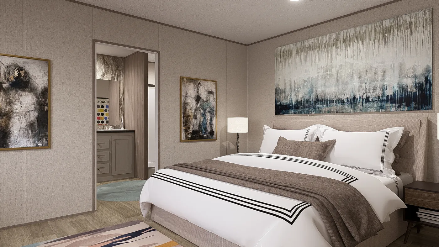 The BLAZER 66 F Primary Bedroom. This Manufactured Mobile Home features 3 bedrooms and 2 baths.