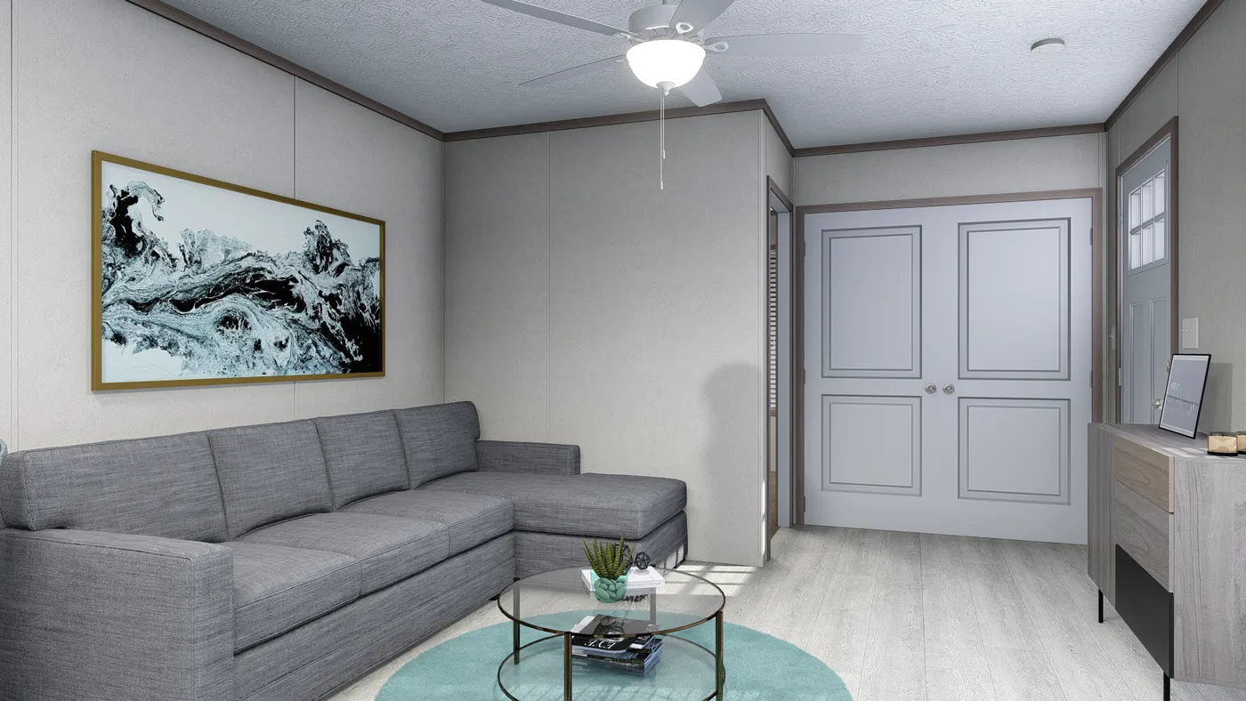 The 4814-4790 THE PULSE Living Room. This Manufactured Mobile Home features 2 bedrooms and 1 bath.