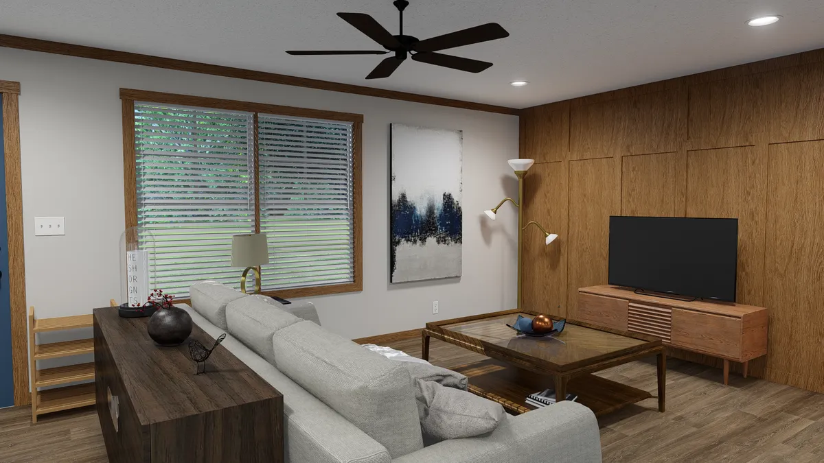 The HUDSON Living Room. This Manufactured Mobile Home features 3 bedrooms and 2 baths.